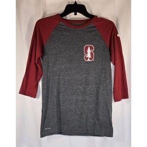 Stanford Cardinal Womens Medium Red Gray V-Neck The Nike Tee Dri Fit 3/4 Sleeve